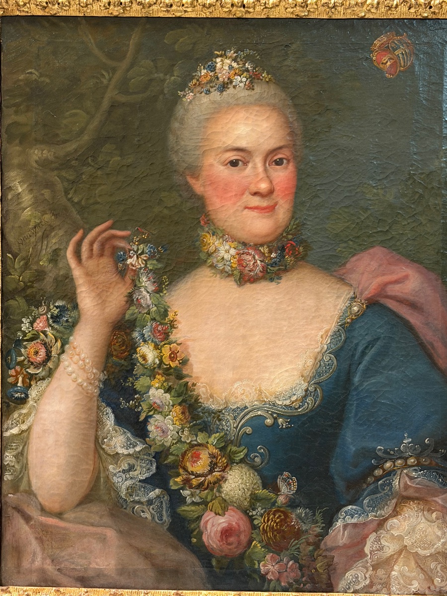 Portrait de femme élégante aux guirlandes de fleurs signé Van wijck  1763 cadre XVIIIème-photo-2