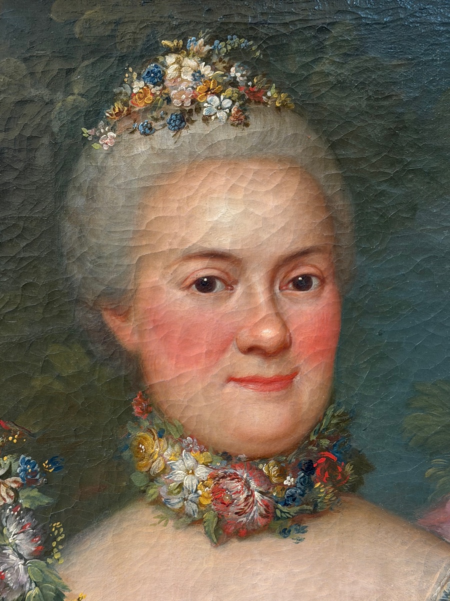 Portrait de femme élégante aux guirlandes de fleurs signé Van wijck  1763 cadre XVIIIème-photo-3
