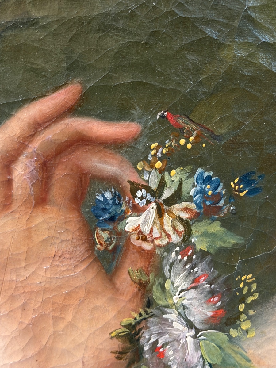 Portrait de femme élégante aux guirlandes de fleurs signé Van wijck  1763 cadre XVIIIème-photo-1