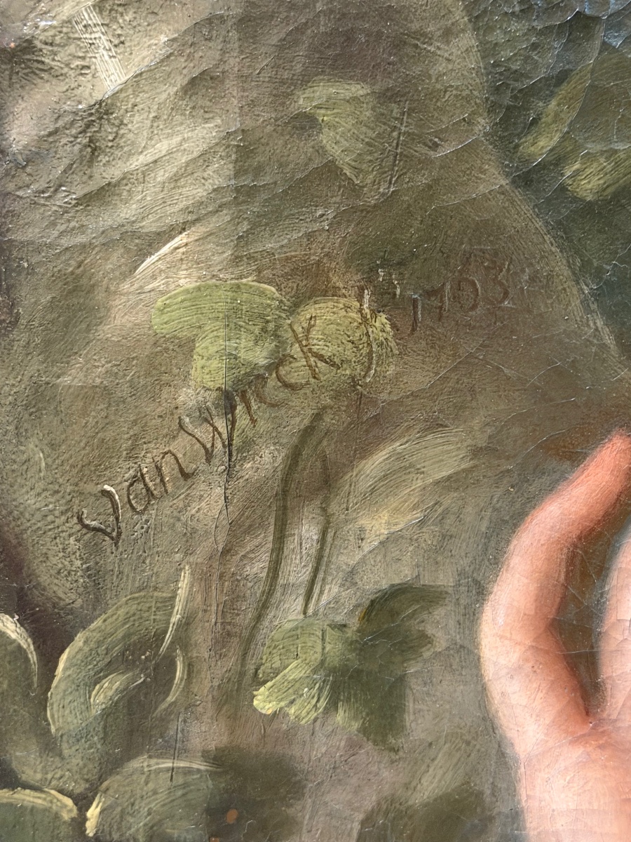 Portrait de femme élégante aux guirlandes de fleurs signé Van wijck  1763 cadre XVIIIème-photo-2