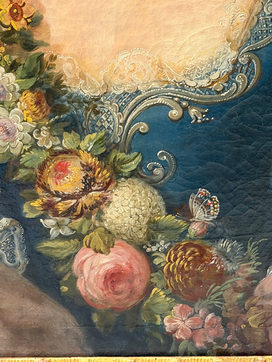 Portrait de femme élégante aux guirlandes de fleurs signé Van wijck  1763 cadre XVIIIème-photo-3
