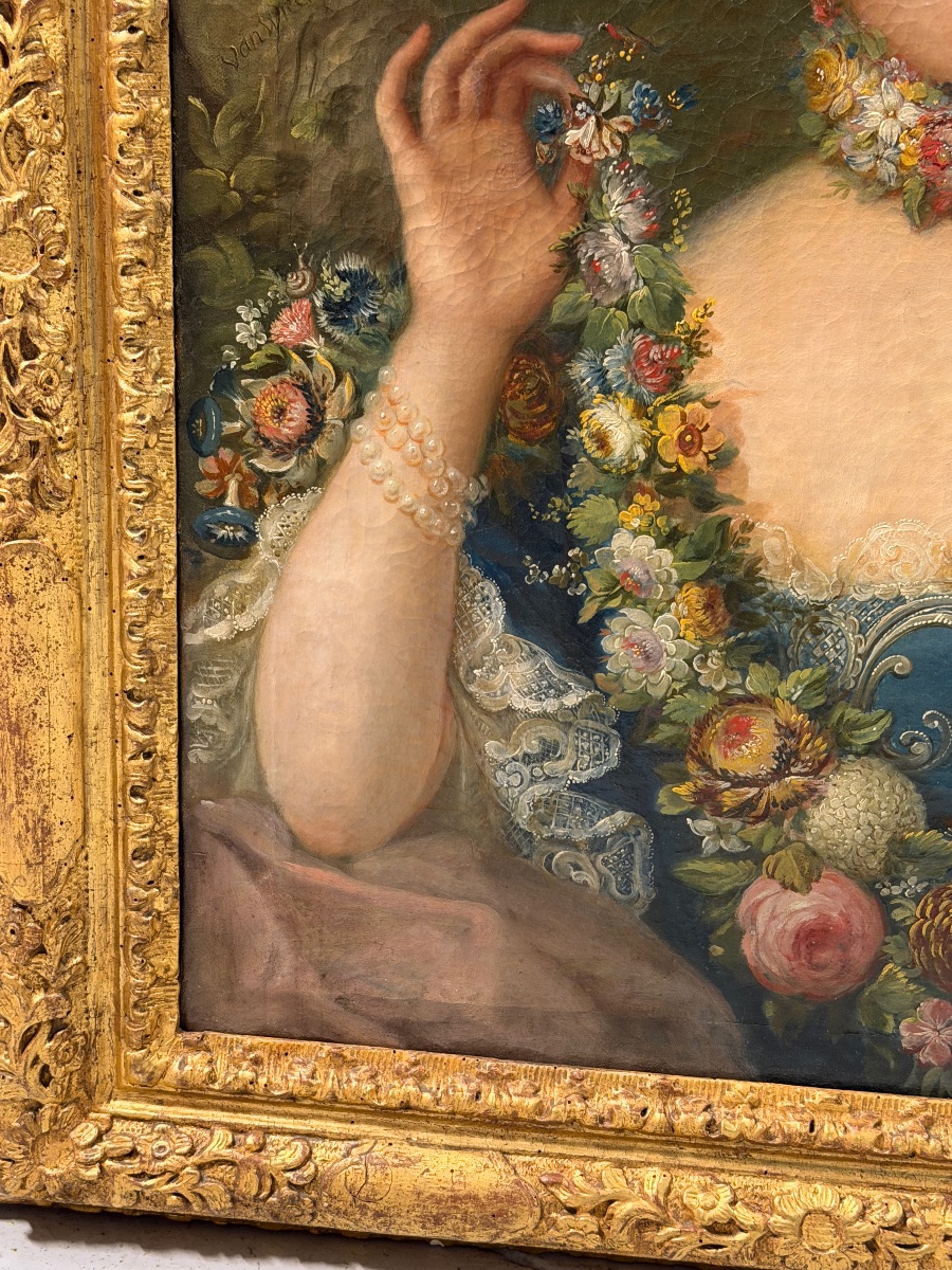 Portrait de femme élégante aux guirlandes de fleurs signé Van wijck  1763 cadre XVIIIème-photo-5