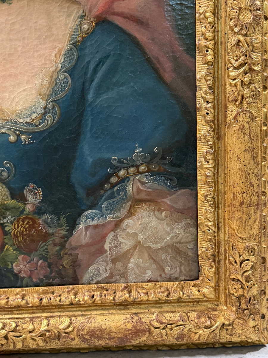 Portrait de femme élégante aux guirlandes de fleurs signé Van wijck  1763 cadre XVIIIème-photo-6