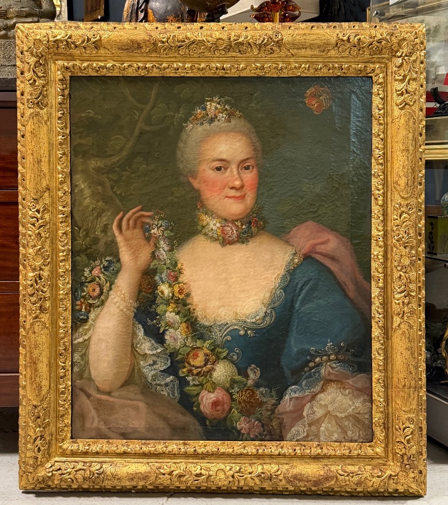 Portrait de femme élégante aux guirlandes de fleurs signé Van wijck  1763 cadre XVIIIème