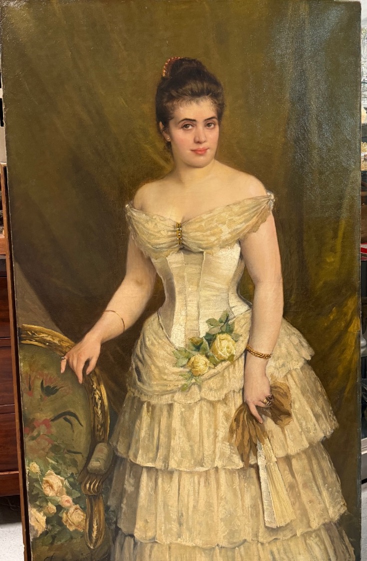 Grand portrait de jeune femme en robe blanche du XIXème siècle huile /toile H 148 cm-photo-2