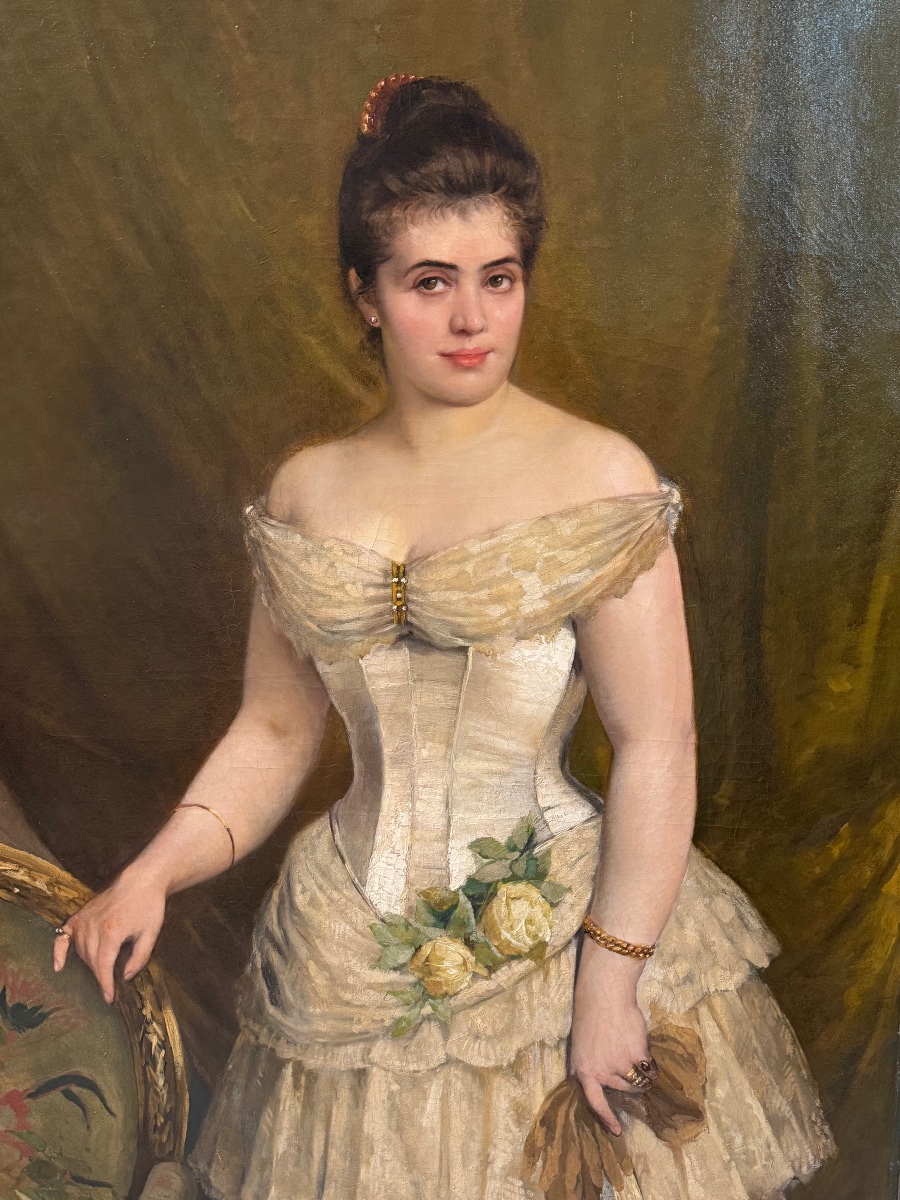 Grand portrait de jeune femme en robe blanche du XIXème siècle huile /toile H 148 cm-photo-3