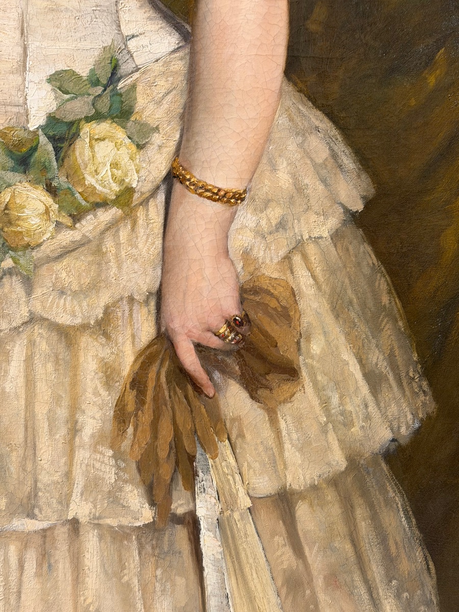 Grand portrait de jeune femme en robe blanche du XIXème siècle huile /toile H 148 cm-photo-4
