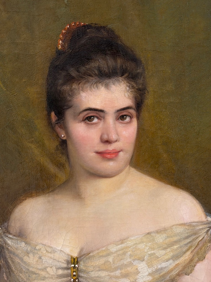 Grand portrait de jeune femme en robe blanche du XIXème siècle huile /toile H 148 cm-photo-1