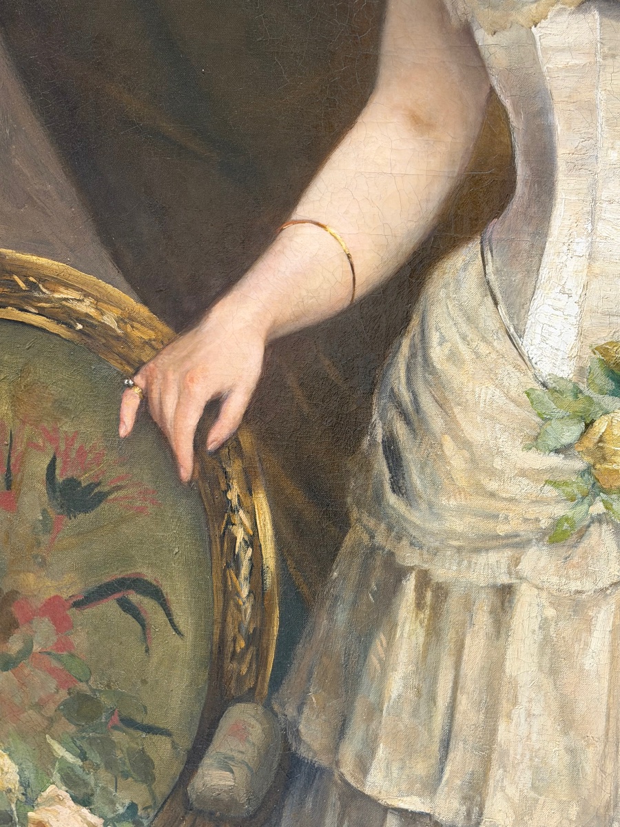 Grand portrait de jeune femme en robe blanche du XIXème siècle huile /toile H 148 cm-photo-2