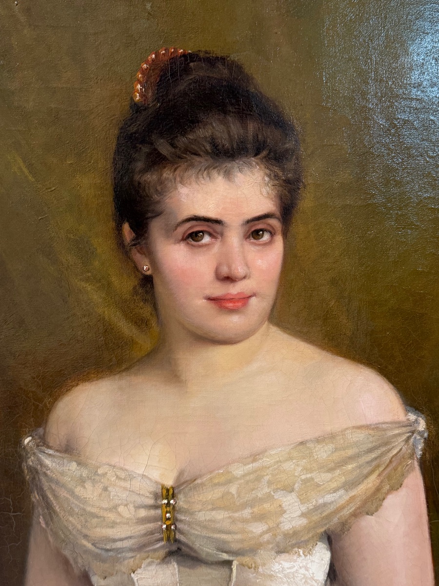Grand portrait de jeune femme en robe blanche du XIXème siècle huile /toile H 148 cm-photo-3
