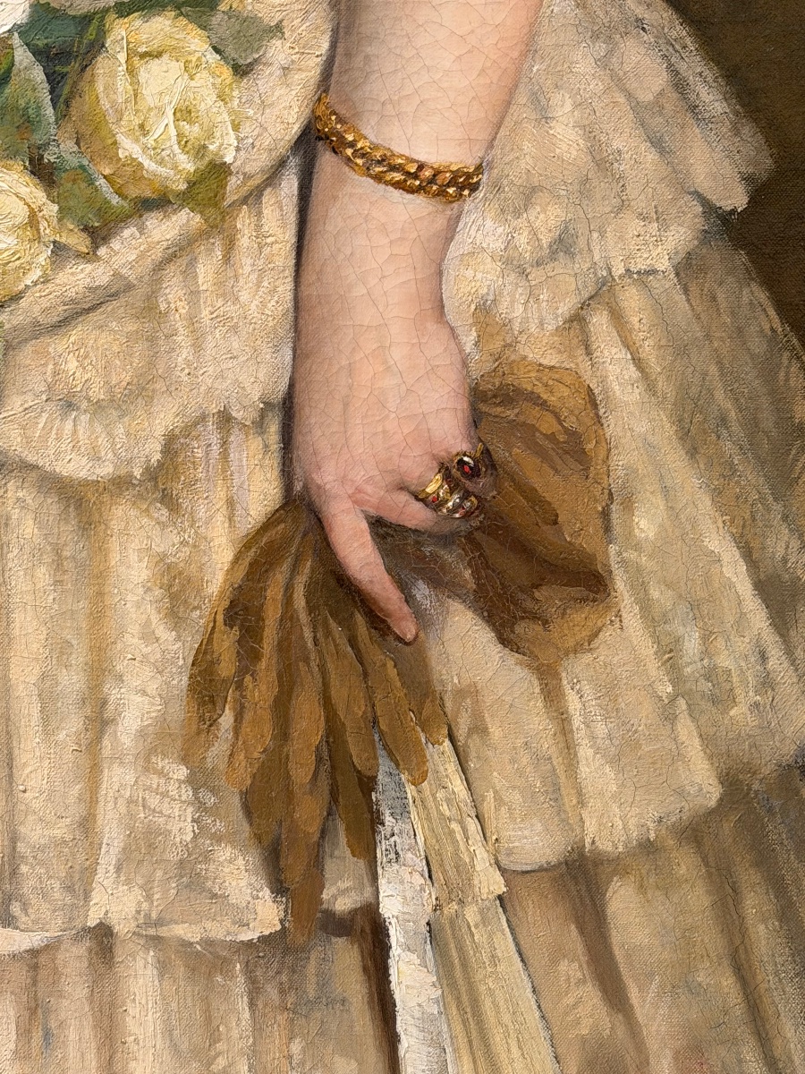 Grand portrait de jeune femme en robe blanche du XIXème siècle huile /toile H 148 cm-photo-6
