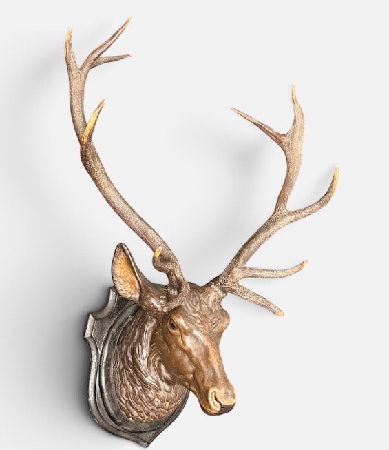 Polychrome Terracotta Stag Trophy From The Late 19th Century—hunting—stag's Head On A Shield-photo-2