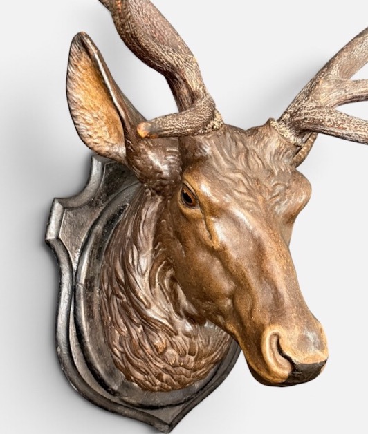 Polychrome Terracotta Stag Trophy From The Late 19th Century—hunting—stag's Head On A Shield-photo-1