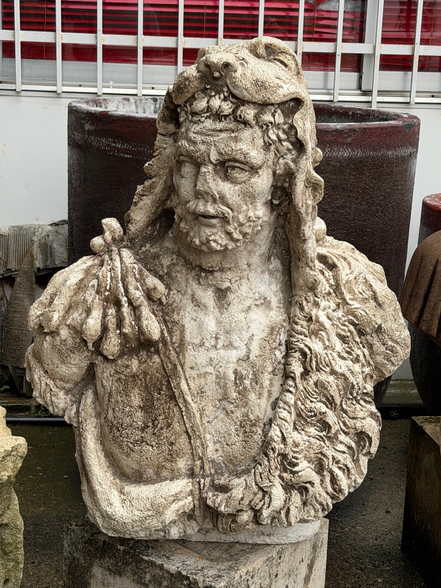 Important buste d’Hercule en pierre reconstituée d’après l’antique déco de jardin XXème H 83 cm-photo-2
