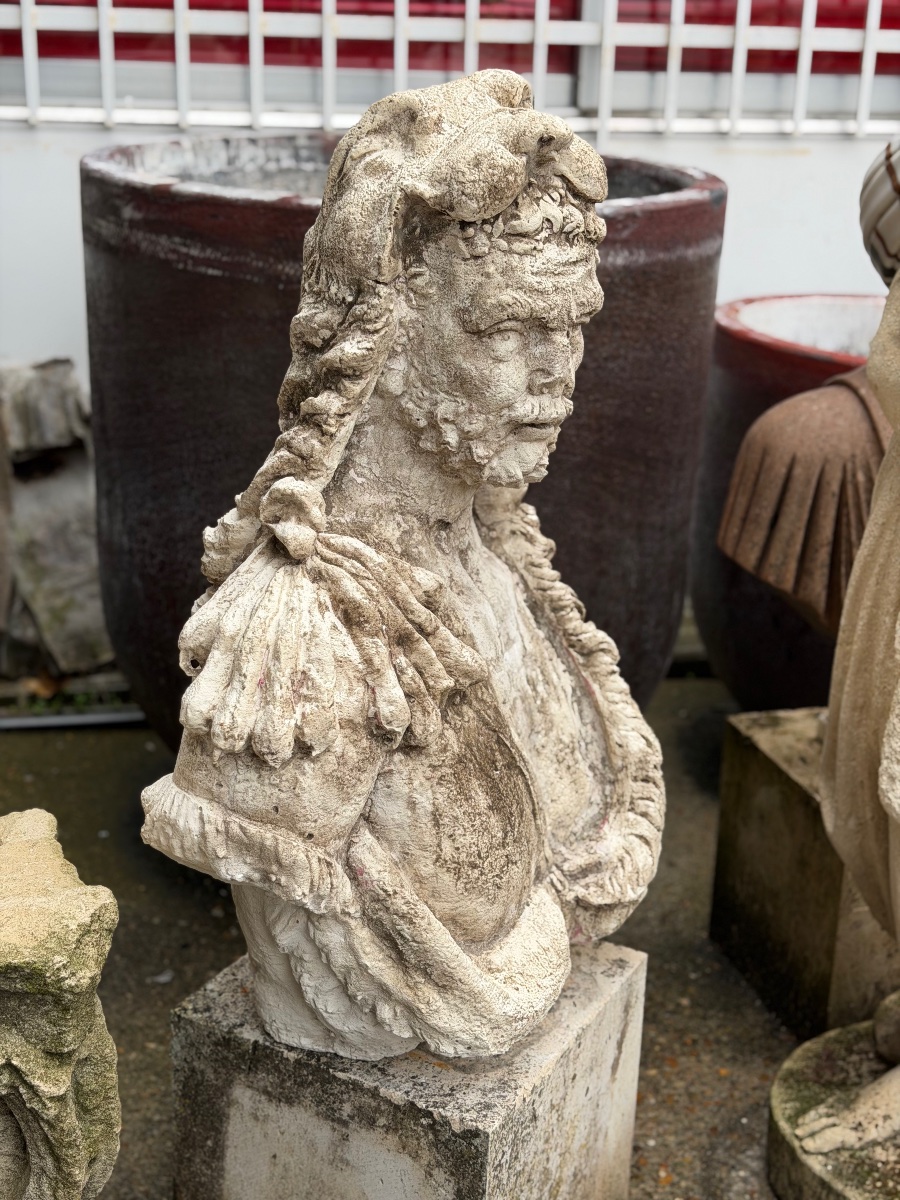 Important buste d’Hercule en pierre reconstituée d’après l’antique déco de jardin XXème H 83 cm-photo-3