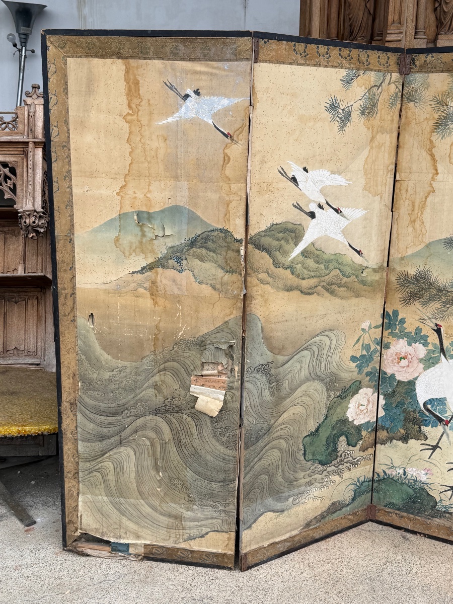 Important paravent Japonais à six panneaux fin XIXème - Japon - Edo H 168 x 360 cm-photo-1