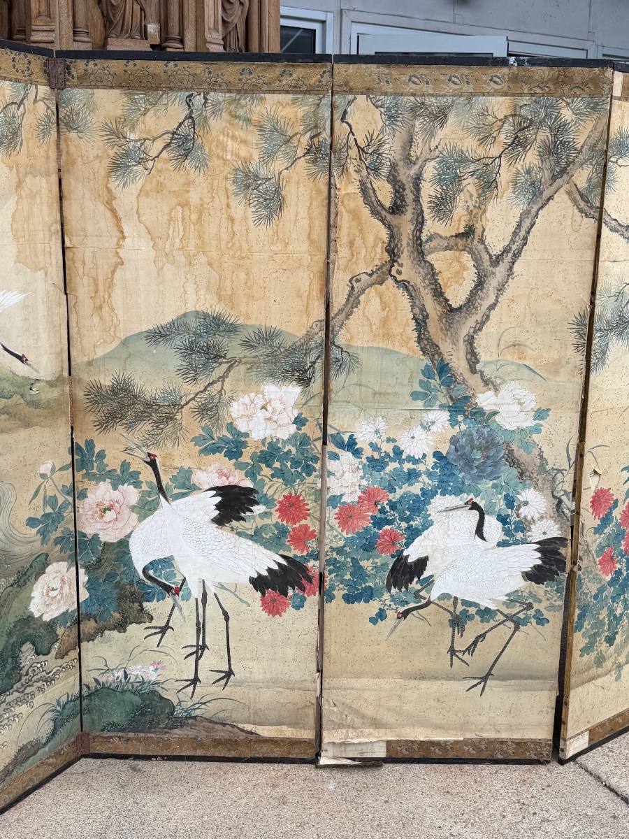 Important paravent Japonais à six panneaux fin XIXème - Japon - Edo H 168 x 360 cm-photo-2