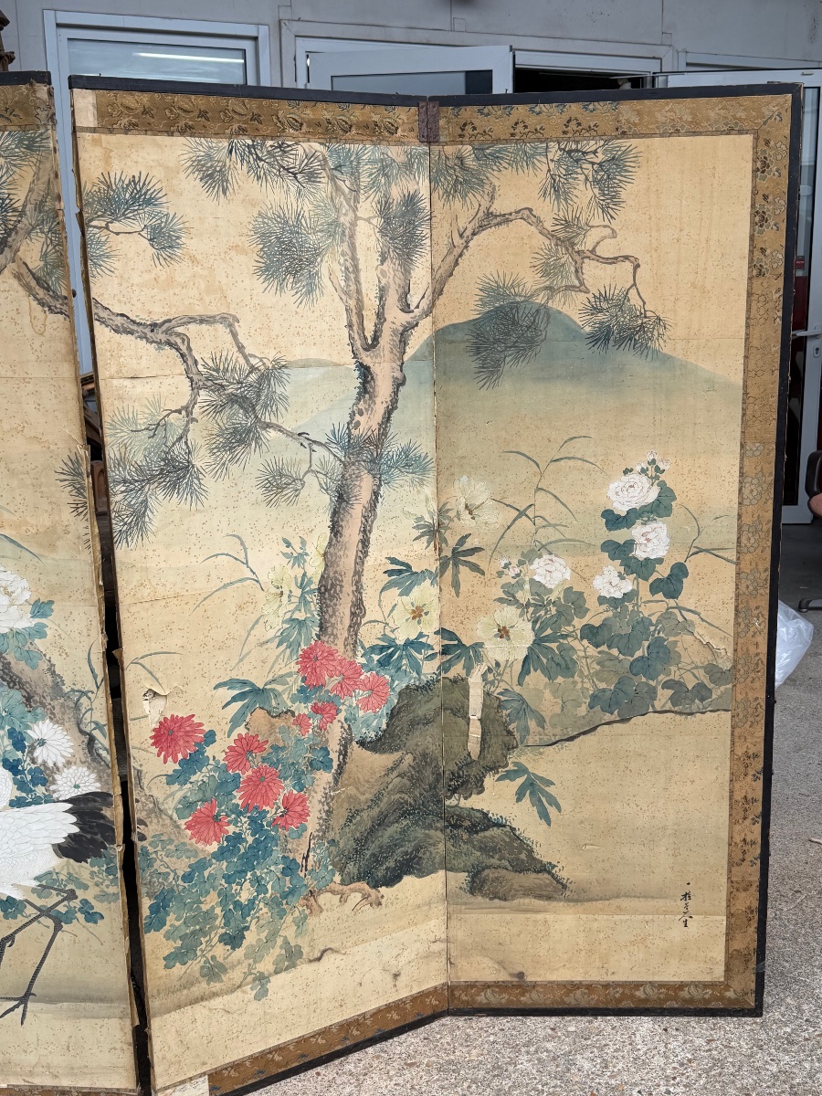 Important paravent Japonais à six panneaux fin XIXème - Japon - Edo H 168 x 360 cm-photo-3