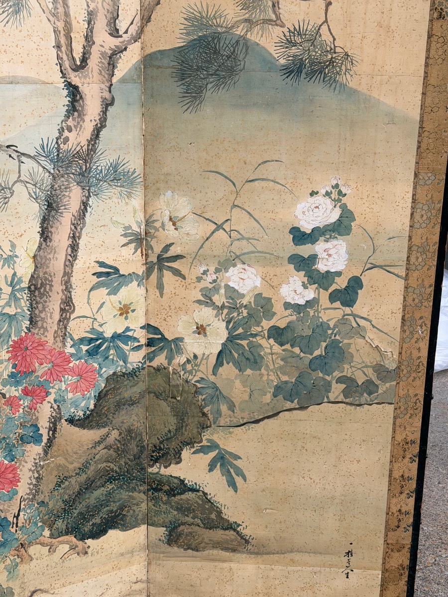Important paravent Japonais à six panneaux fin XIXème - Japon - Edo H 168 x 360 cm-photo-6