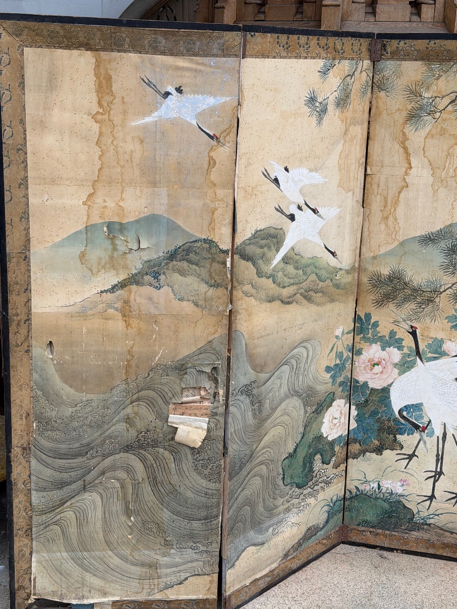 Important paravent Japonais à six panneaux fin XIXème - Japon - Edo H 168 x 360 cm-photo-7
