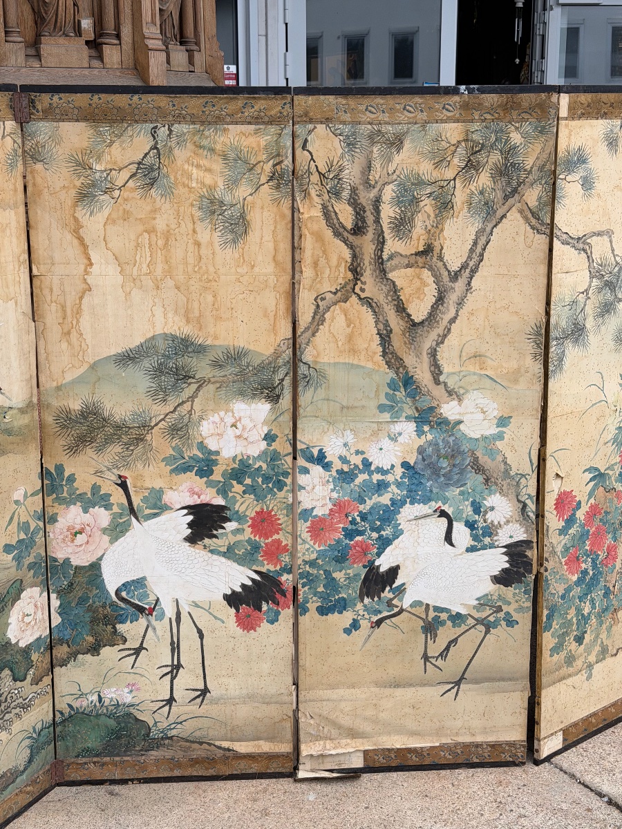 Important paravent Japonais à six panneaux fin XIXème - Japon - Edo H 168 x 360 cm-photo-8