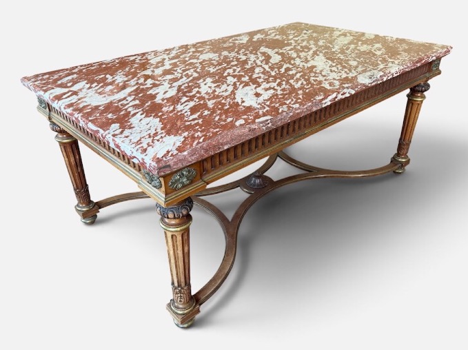 Table de milieu de style Louis XVI d’époque Napoléon III en acajou bronze marbre rouge royal -photo-2