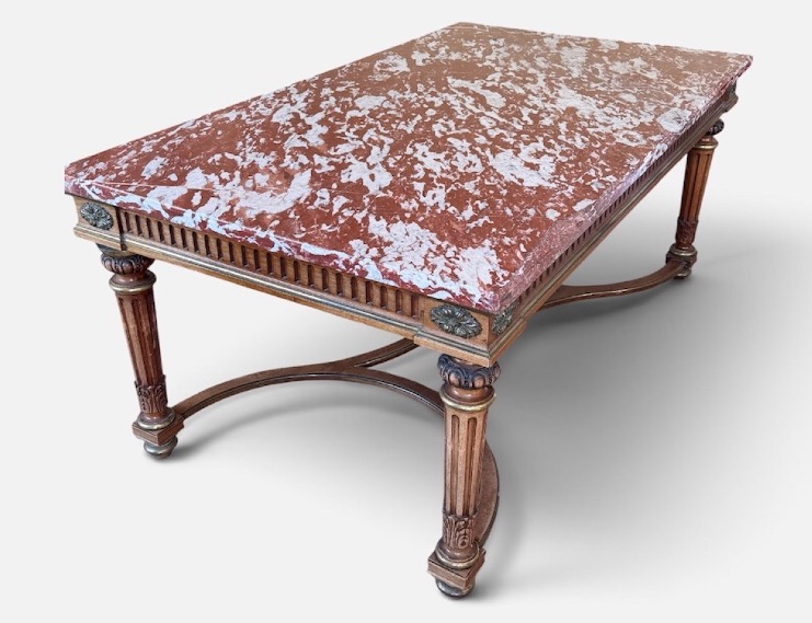 Table de milieu de style Louis XVI d’époque Napoléon III en acajou bronze marbre rouge royal -photo-3