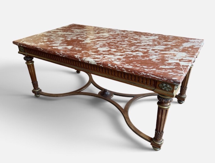 Table de milieu de style Louis XVI d’époque Napoléon III en acajou bronze marbre rouge royal -photo-2