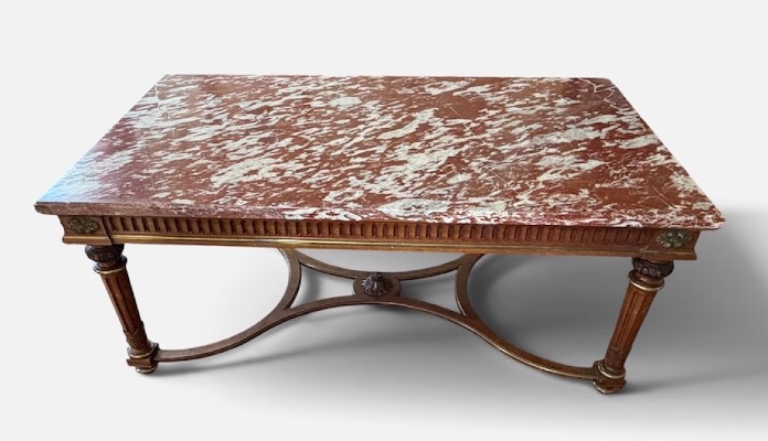 Table de milieu de style Louis XVI d’époque Napoléon III en acajou bronze marbre rouge royal -photo-8