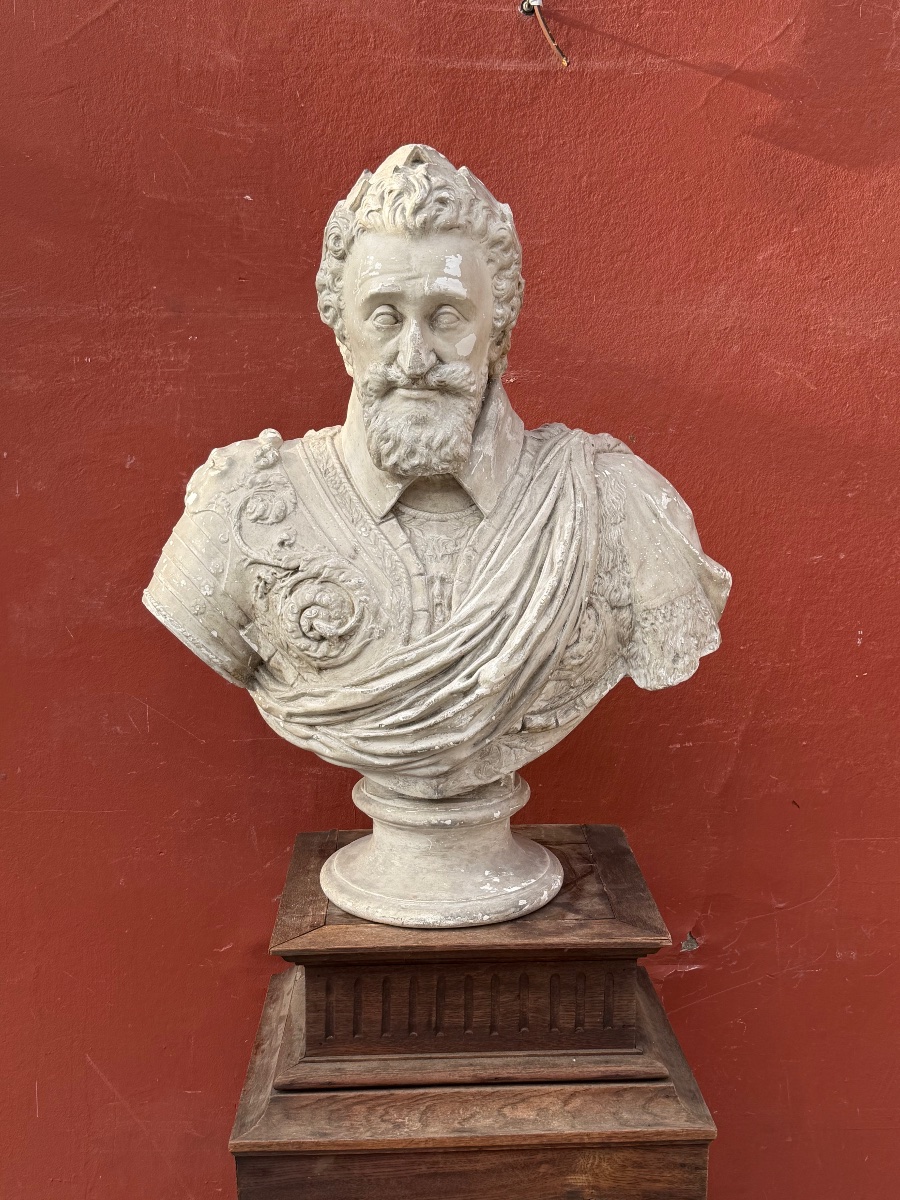 Large Plaster Bust—henry IV With A Laurel Wreath, Wearing A Breastplate And Sash, Attributed To B. Tremblay -photo-3