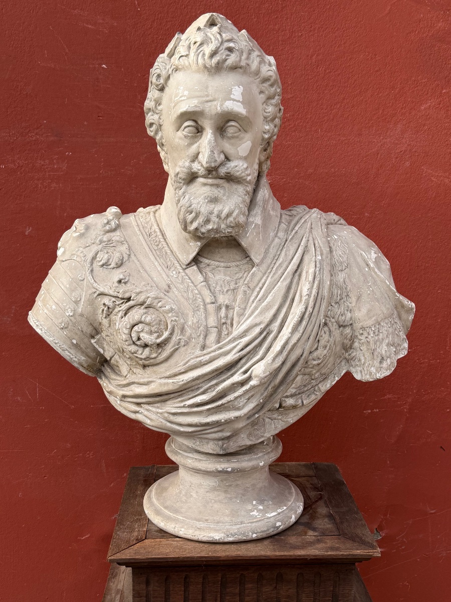 Large Plaster Bust—henry IV With A Laurel Wreath, Wearing A Breastplate And Sash, Attributed To B. Tremblay 