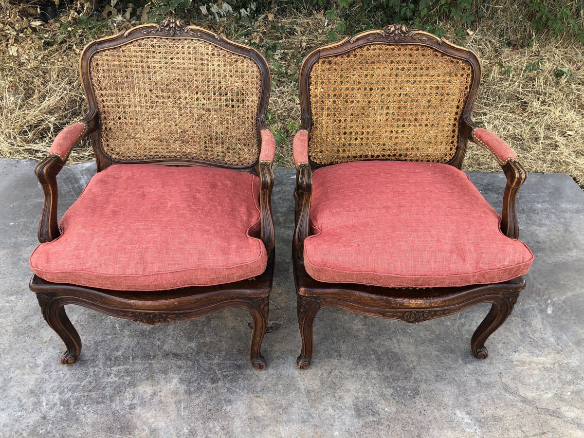 Pair Of Cane Armchairs Louis XV Style-photo-2