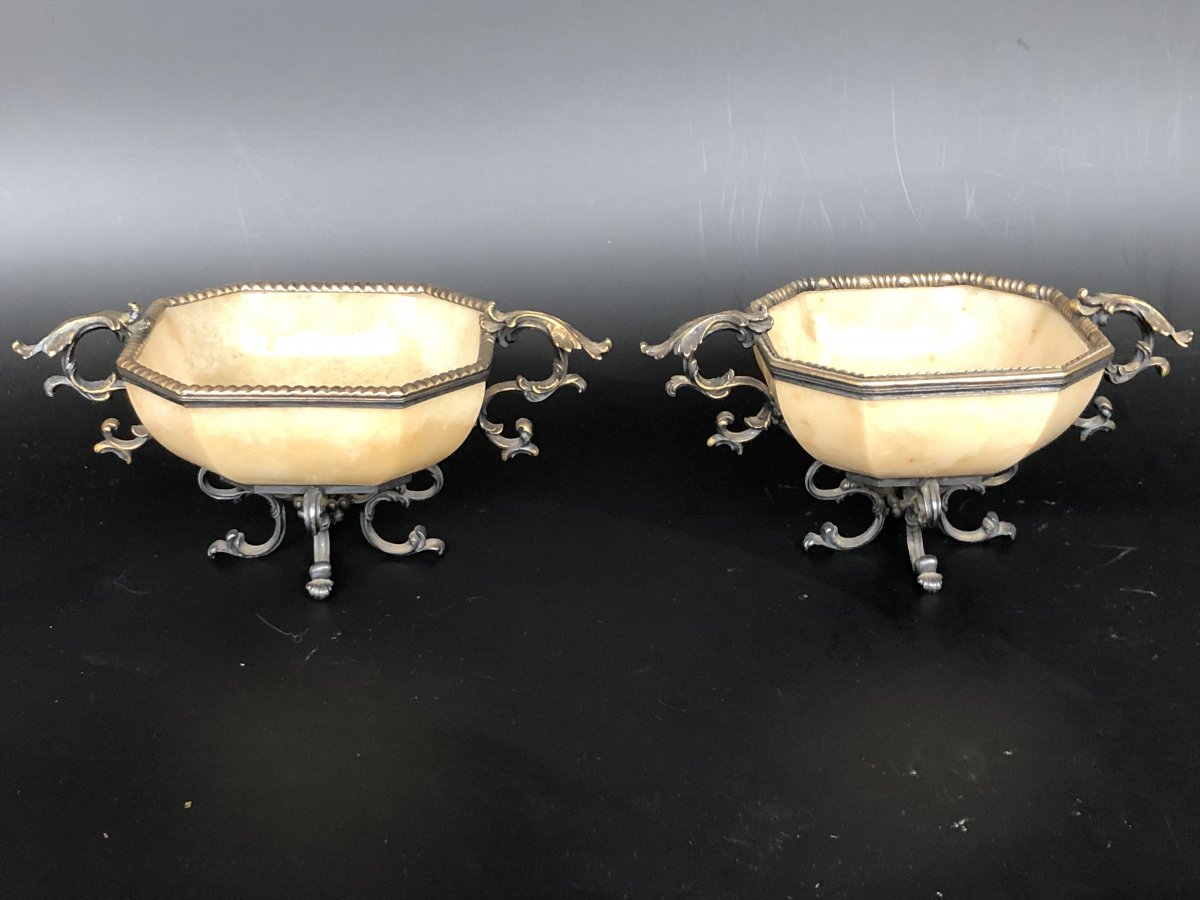 Pair Of Cups In Yellow Agate Mounted Silver Gold - XIXth-photo-2