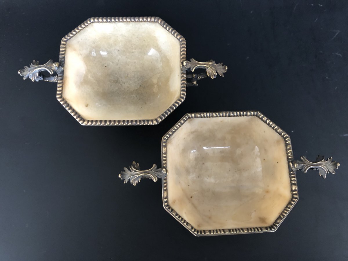 Pair Of Cups In Yellow Agate Mounted Silver Gold - XIXth-photo-4