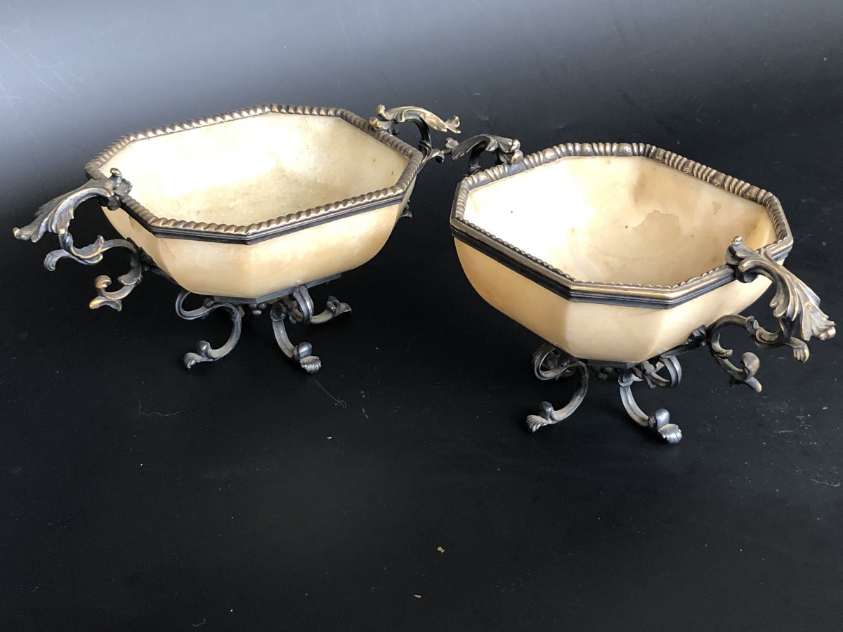 Pair Of Cups In Yellow Agate Mounted Silver Gold - XIXth-photo-4