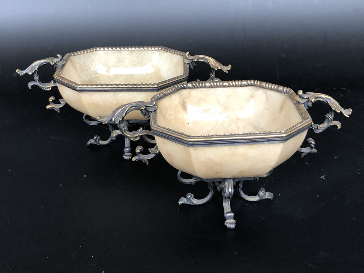 Pair Of Cups In Yellow Agate Mounted Silver Gold - XIXth