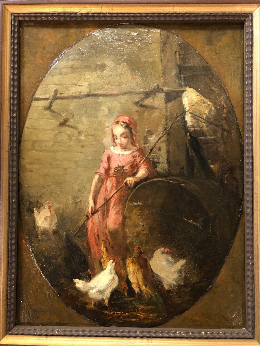 Jules Gros XIXème - La Petite Paysanne Aux Poules-photo-2