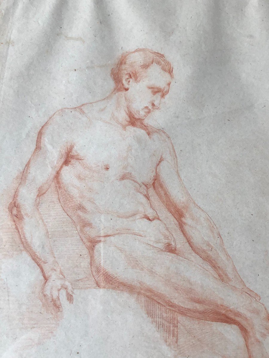 Ecole Napolitaine - Dessin académique  d'Homme Nue à La Sanguine - XIXème Siècle-photo-2