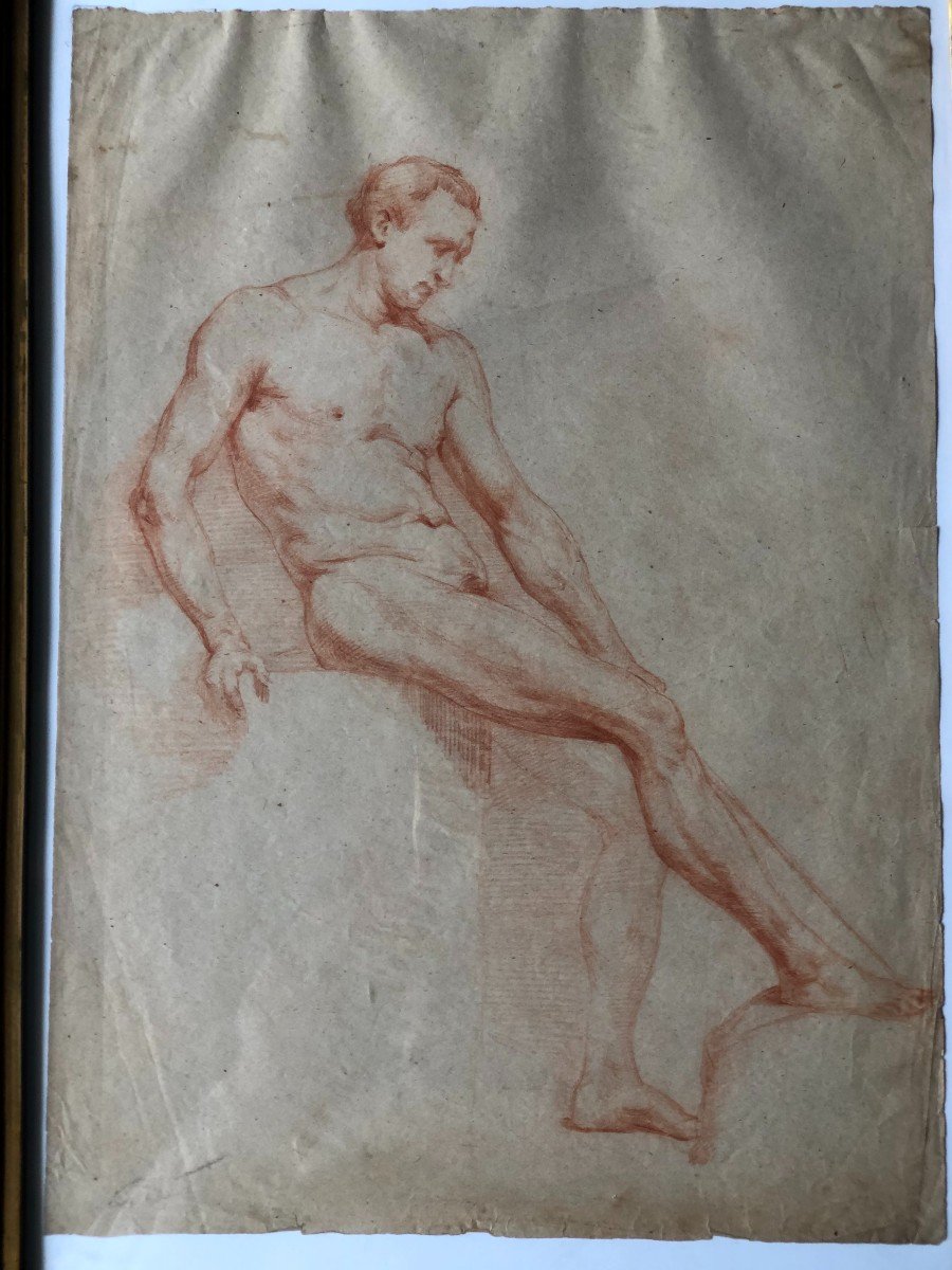 Ecole Napolitaine - Dessin académique  d'Homme Nue à La Sanguine - XIXème Siècle-photo-4