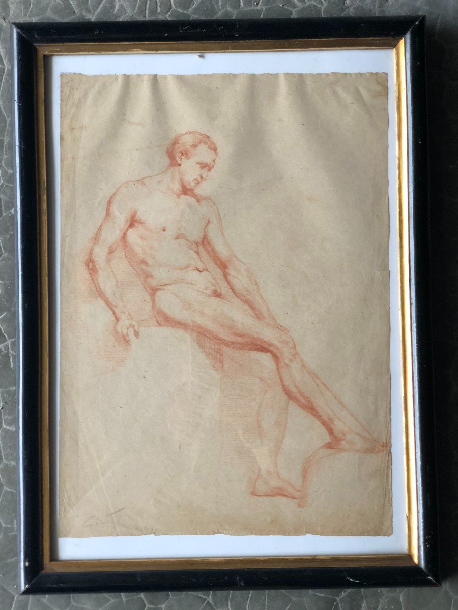 Ecole Napolitaine - Dessin académique  d'Homme Nue à La Sanguine - XIXème Siècle-photo-1