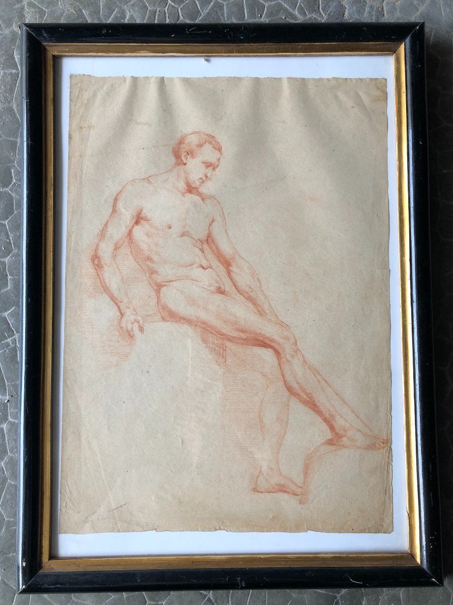 Ecole Napolitaine - Dessin académique  d'Homme Nue à La Sanguine - XIXème Siècle-photo-8