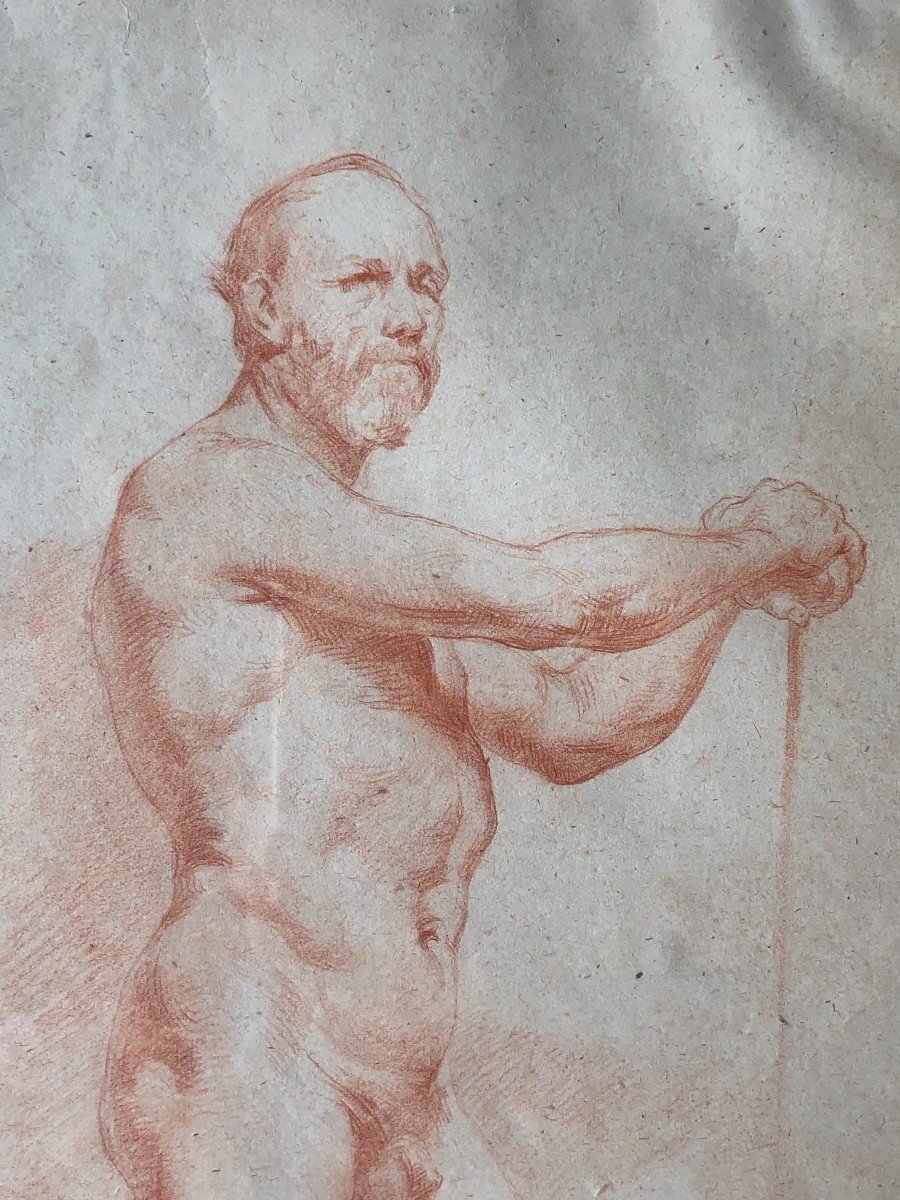 Ecole Napolitaine - Dessin académique d'Homme Nue à La Sanguine - XIXème Siècle-photo-2