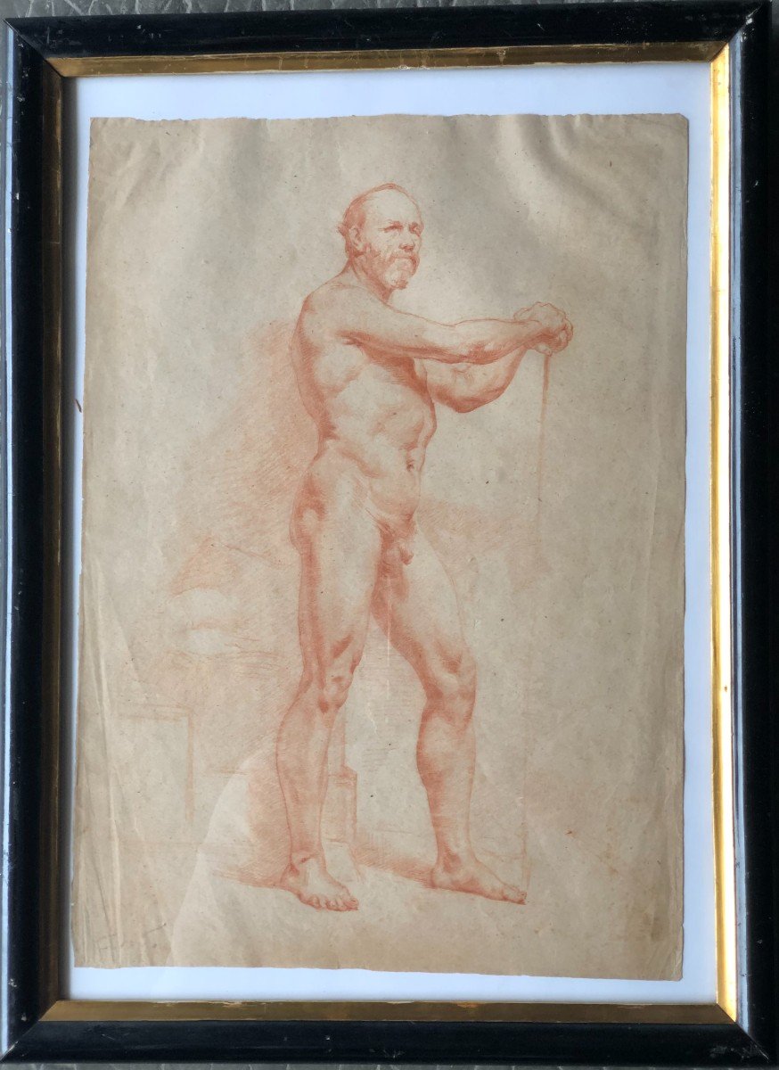 Neapolitan School - Drawing Of A Naked Man In La Sanguine - XIXth Century