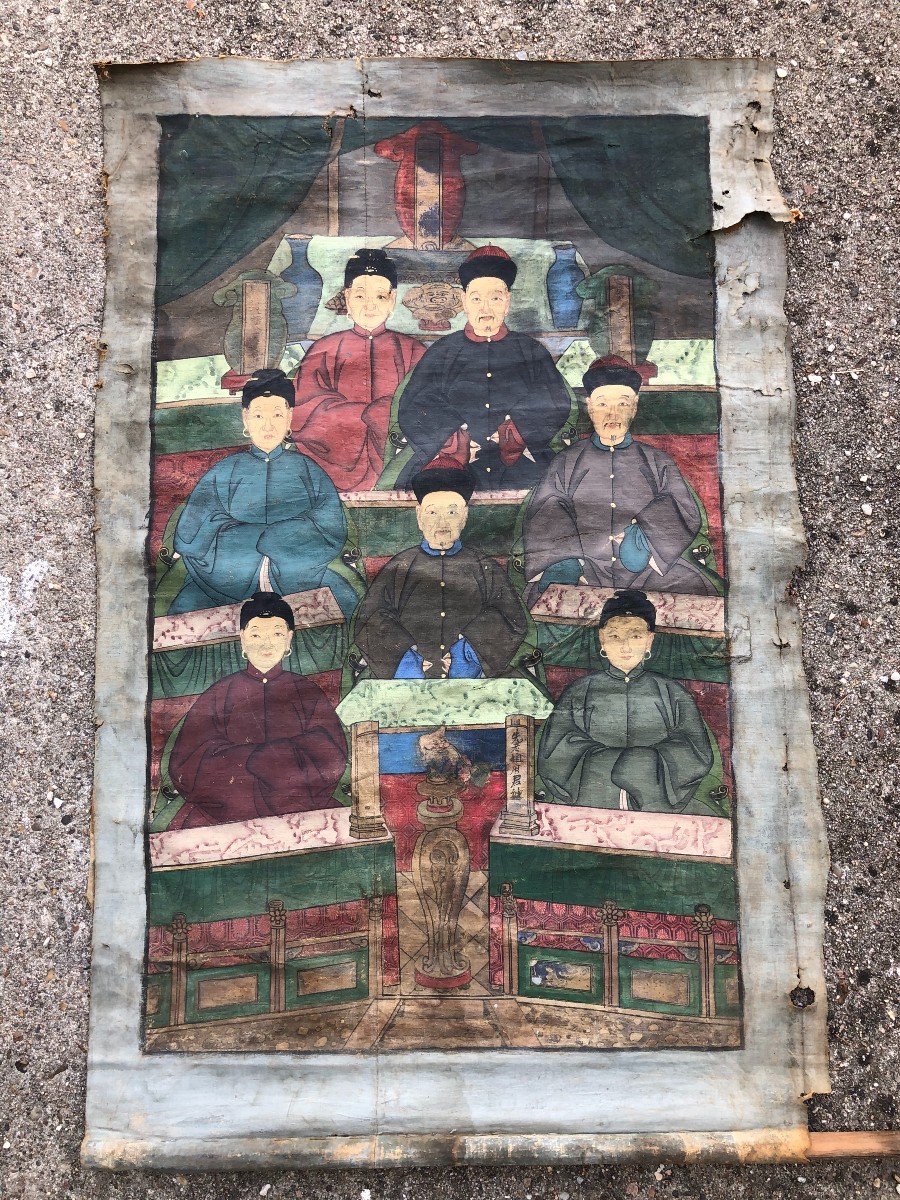 Ancien Portrait D’ancêtre Dignitaire Chinois Représentation De l'Arbre Généalogique 