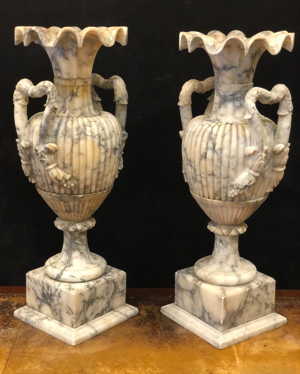 Large Pair Of Vases In Alabaster Italy Late Nineteenth H: 72 Cm-photo-4