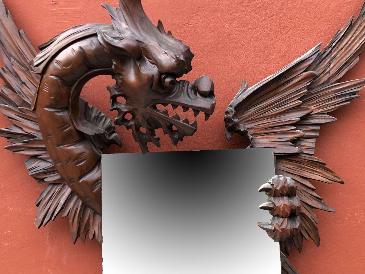Old Dragon Mirror Carved Wood Viardot -photo-4