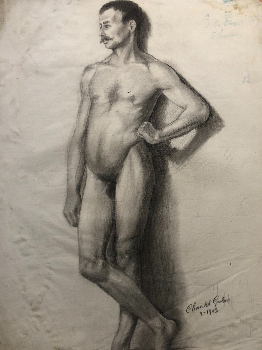 Ancien Dessin Académique Vers 1900 Par Chauvet Gaston - Crayon N° 7-photo-3