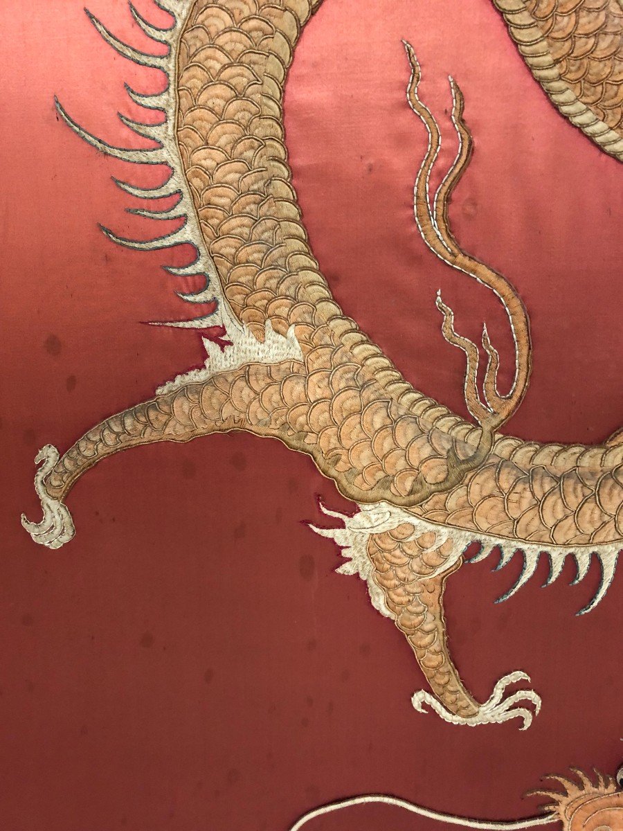 Grande Broderie Chine Fin XIXème - Dragon A La Perle -d : 135 X 135 Cm-photo-3