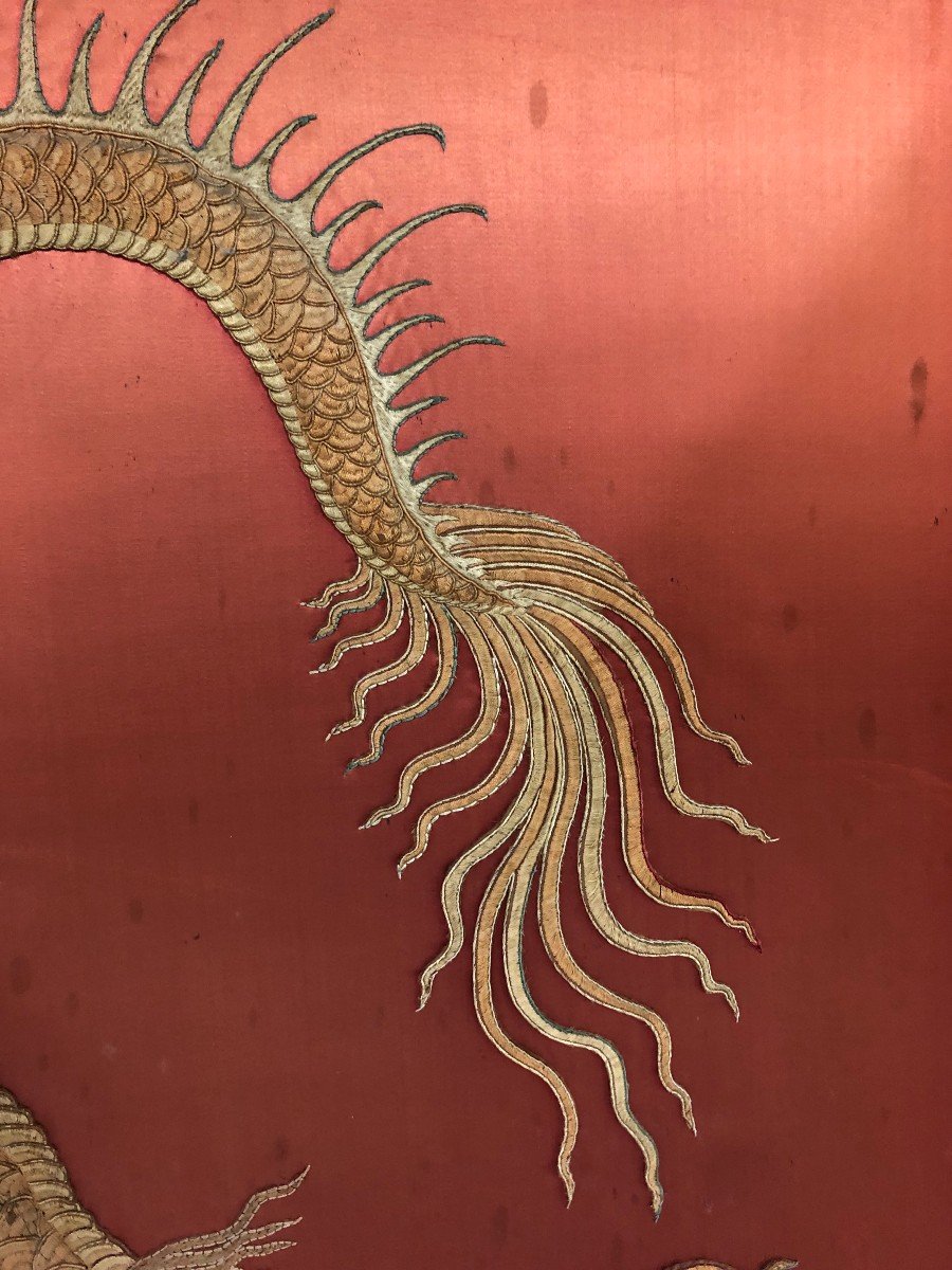 Grande Broderie Chine Fin XIXème - Dragon A La Perle -d : 135 X 135 Cm-photo-4