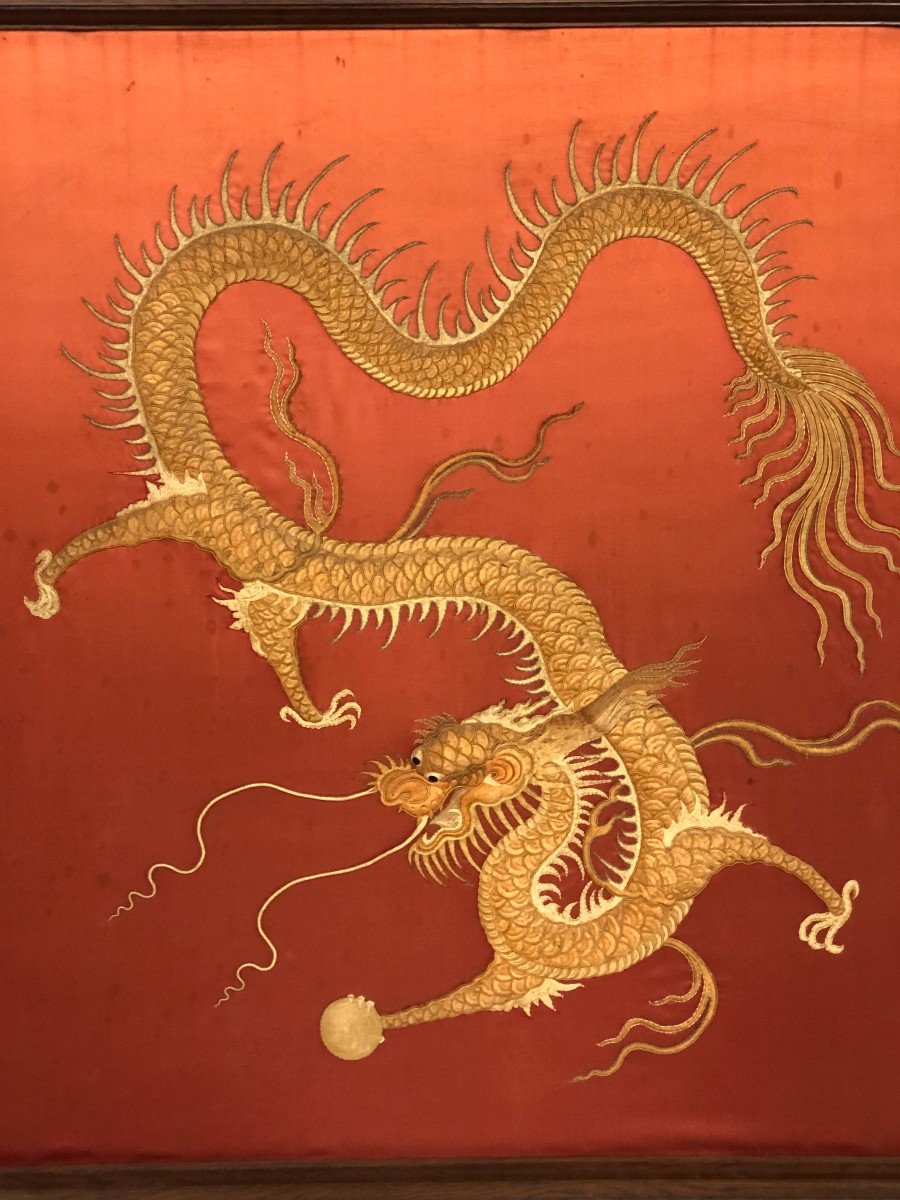 Grande Broderie Chine Fin XIXème - Dragon A La Perle -d : 135 X 135 Cm-photo-2